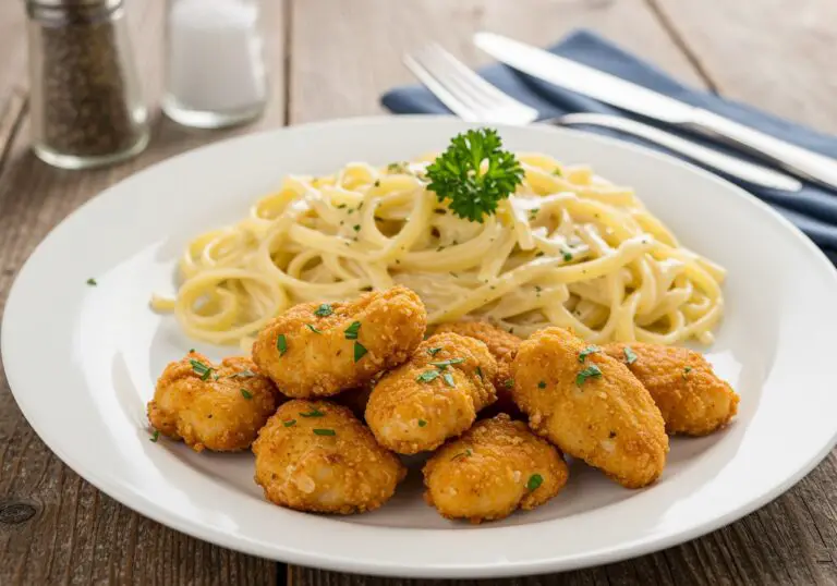 Delicious garlic butter chicken bites with creamy pasta elegantly plated for a mouth-watering meal presentation.