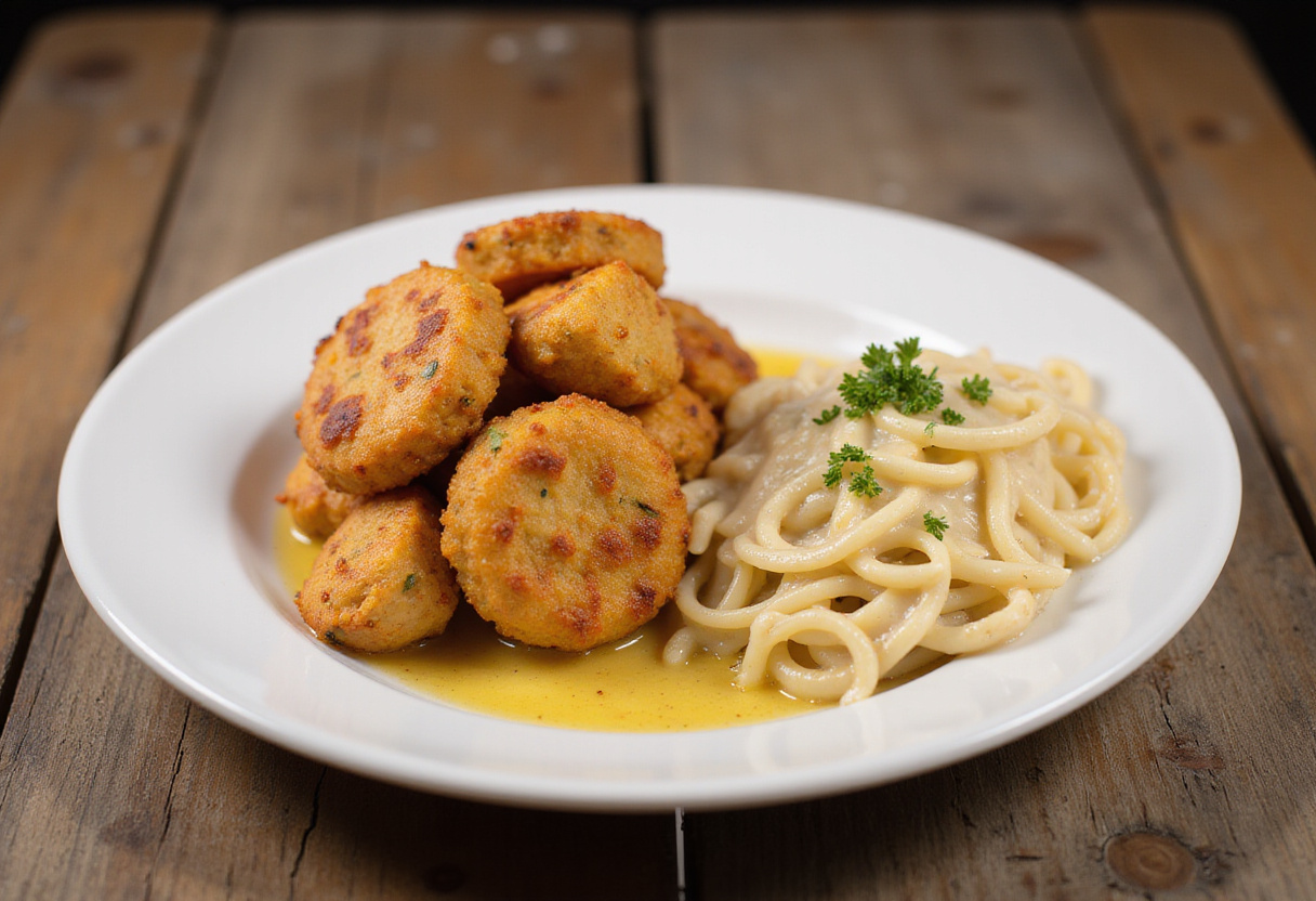 Delicious garlic butter chicken bites with creamy pasta elegantly plated for a mouth-watering meal presentation.