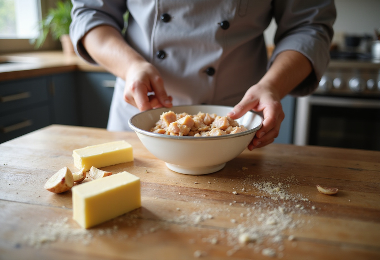 Garlic Butter Chicken Bites preparation with diced chicken, garlic, and butter on a rustic kitchen countertop.