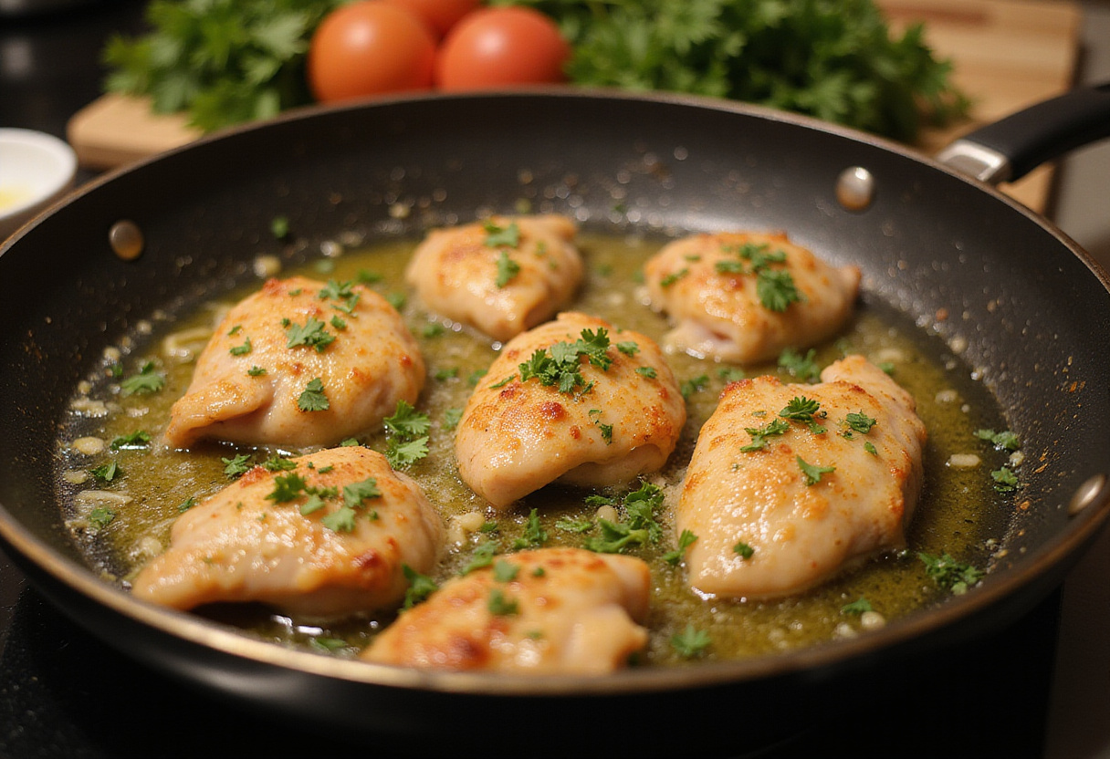 Cooking garlic butter chicken bites in a hot pan with a touch of freshness from parsley in a vibrant kitchen scene.