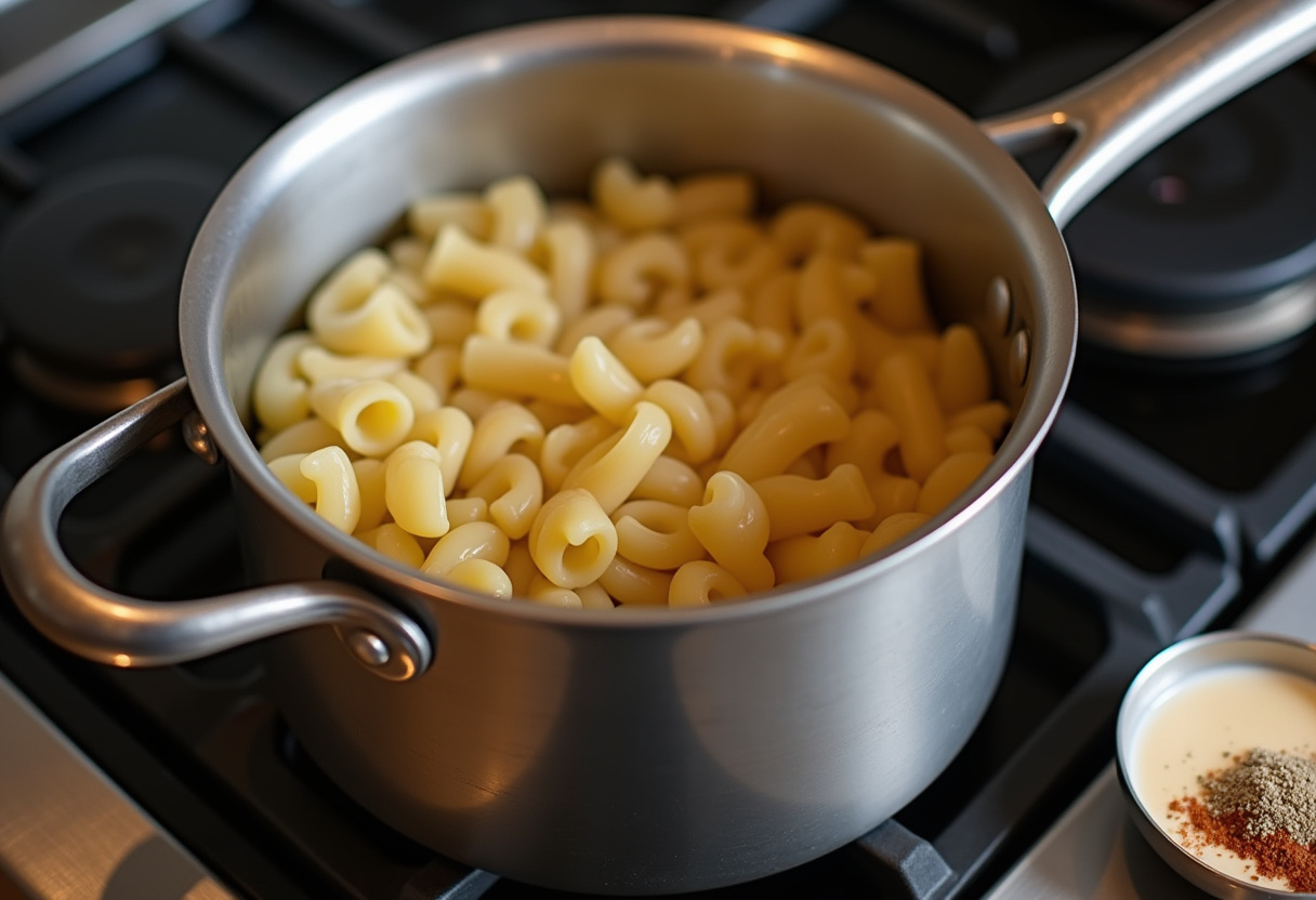 Preparing creamy pasta by boiling water and measuring ingredients in a warm kitchen ambiance.