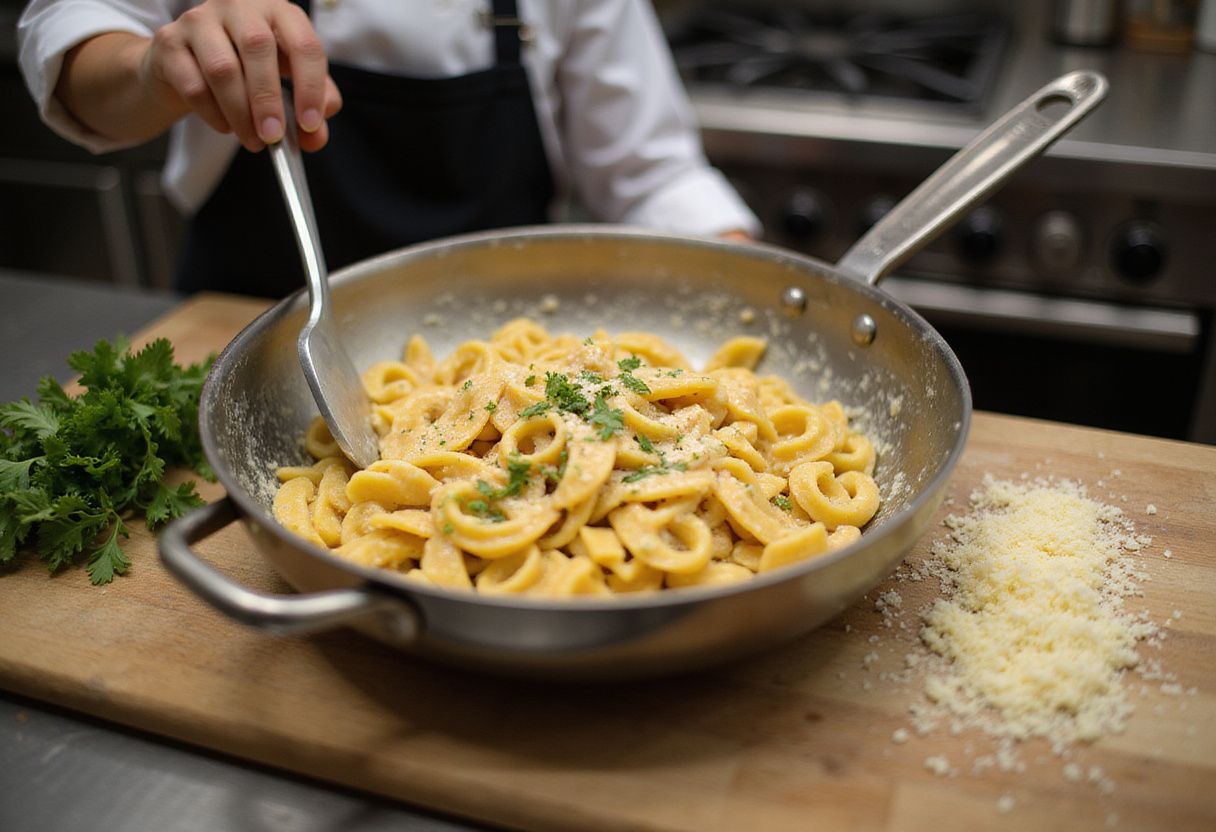 Stirring creamy pasta in a bowl with fresh herbs and cheese, as part of the garlic butter chicken bites dish, in a cozy kitchen.
