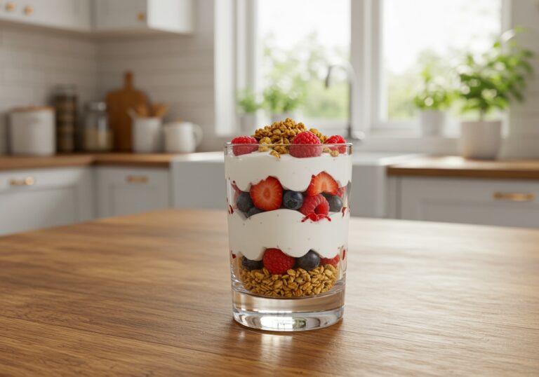 A stunning Greek yogurt parfait ready to serve, showcasing layers of yogurt, fruits, and granola in a charming kitchen setting.