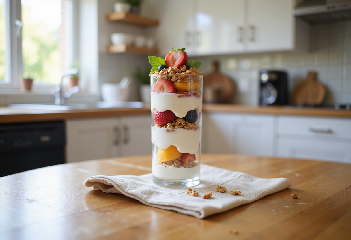 A stunning Greek yogurt parfait ready to serve, showcasing layers of yogurt, fruits, and granola in a charming kitchen setting.