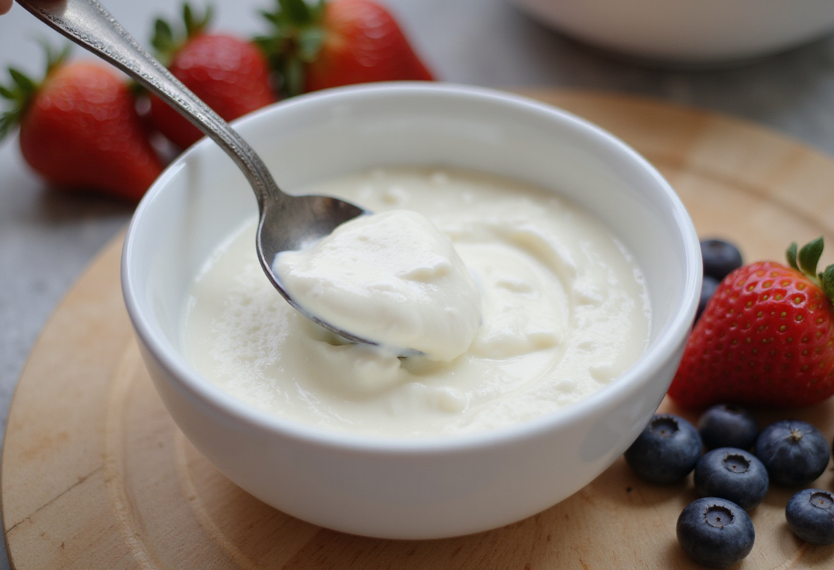 Delicious Greek yogurt parfait ingredients including fresh fruits and yogurt on a kitchen counter.