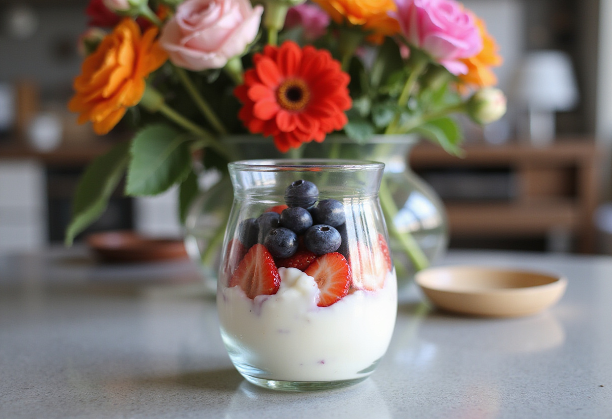 Layering a healthy Greek yogurt parfait with yogurt, strawberries, and blueberries in a glass.