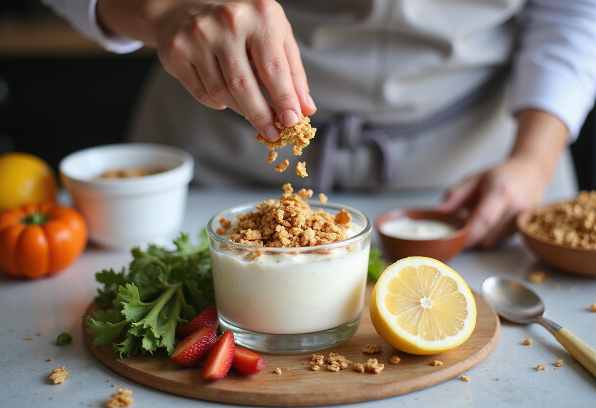 Final touches on a yogurt parfait with granola, showcasing the fresh and healthy ingredients in a lovely kitchen setting.