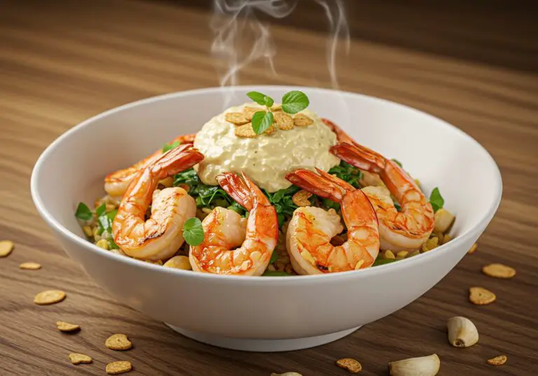 Delicious grilled shrimp bowl with avocado, corn salsa, and creamy garlic sauce, perfect for a nutritious meal.