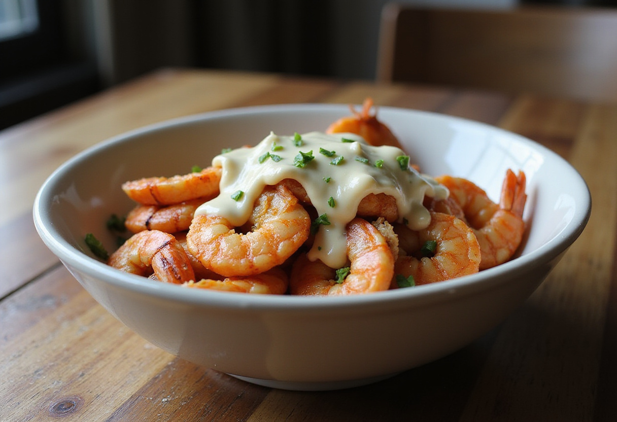 Delicious grilled shrimp bowl with avocado, corn salsa, and creamy garlic sauce, perfect for a nutritious meal.