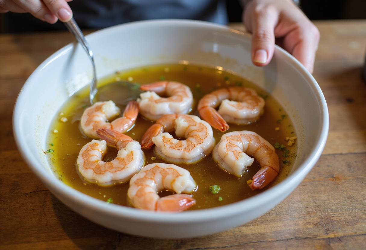 Grilled shrimp bowl preparation with marinated shrimp in olive oil, lime juice, and garlic for a delicious dish.