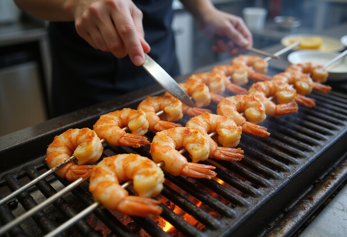 Preparing grilled shrimp skewers for a flavorful shrimp bowl, showcasing marinated shrimp ready for grilling.