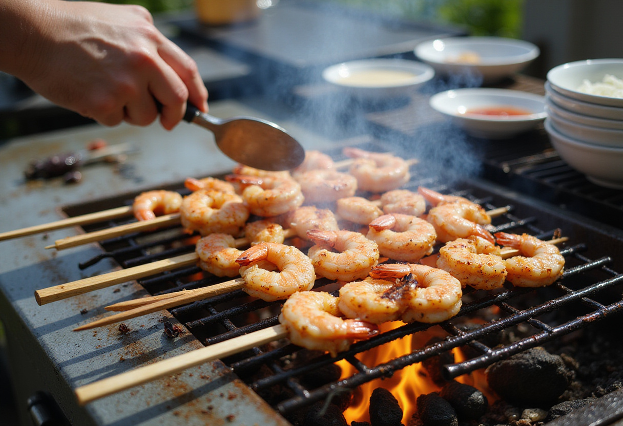 Grilling shrimp to perfection for a tasty grilled shrimp bowl, capturing the essence of outdoor cooking with vibrant colors.