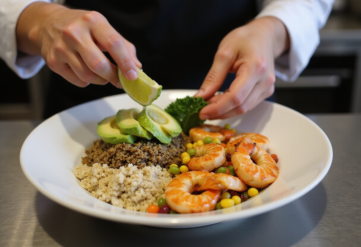 Assembling a shrimp bowl with avocado, corn salsa, and grilled shrimp for a healthy and colorful meal.