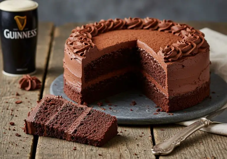 Sliced and decorated Guinness chocolate cake served on a wooden table, highlighting the rich chocolate layers and frosting.