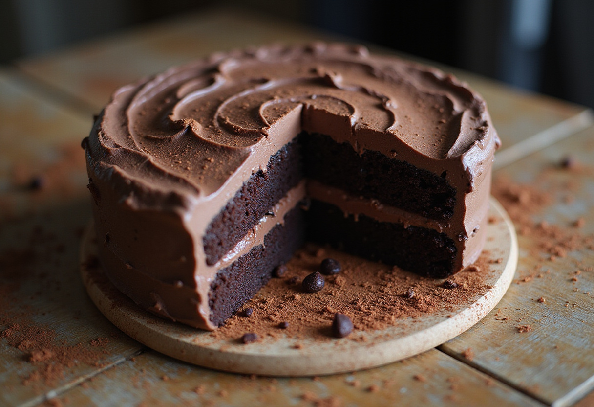 Sliced and decorated Guinness chocolate cake served on a wooden table, highlighting the rich chocolate layers and frosting.