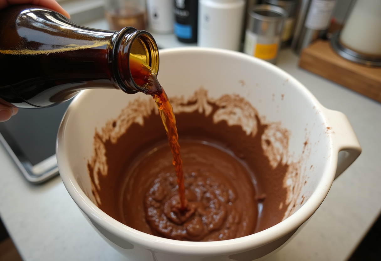 Pouring dark Guinness beer into a mixing bowl with cocoa powder and flour for a rich chocolate cake batter.