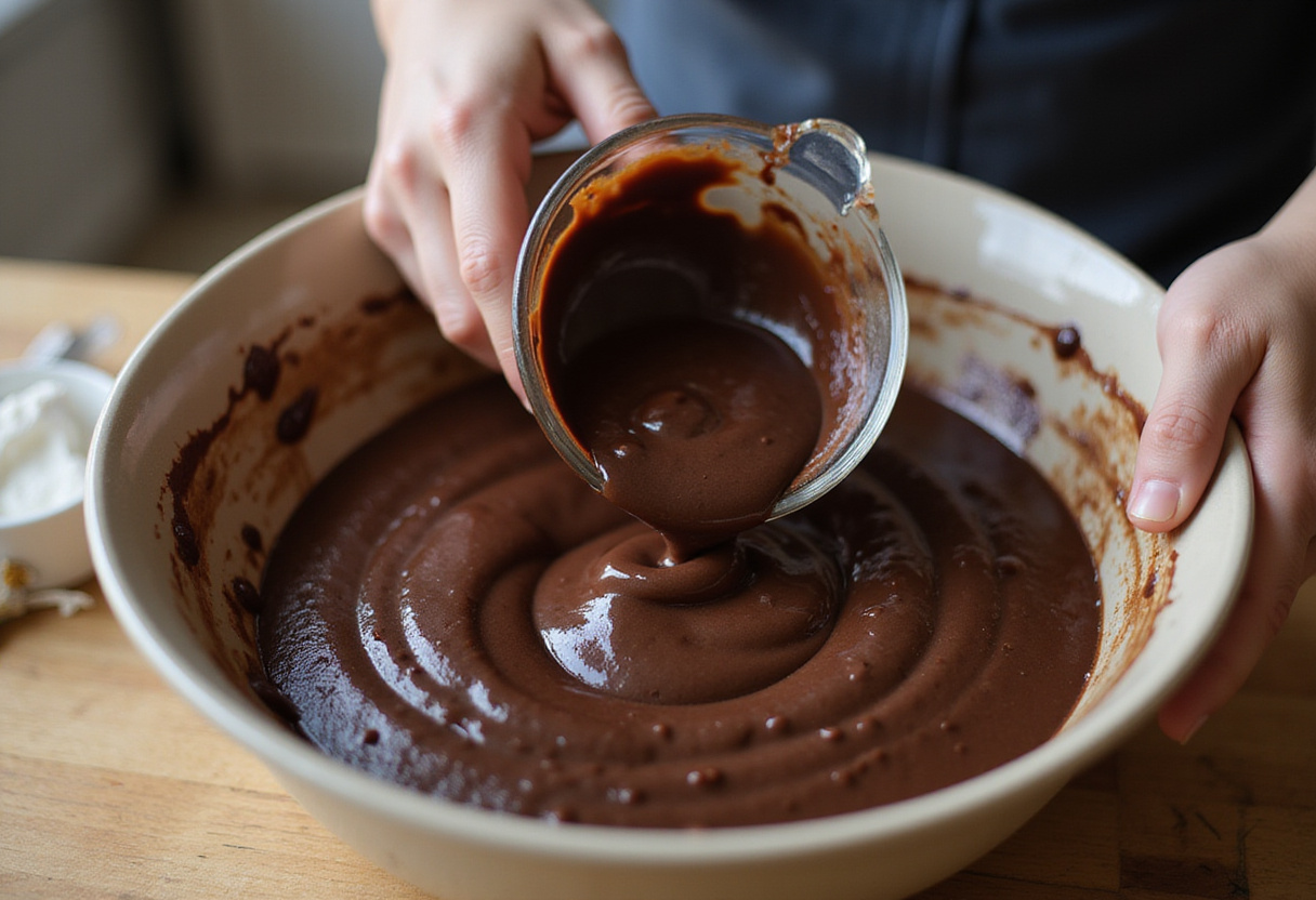 Folding the Guinness beer into the chocolate cake batter for a moist and flavorful dessert.