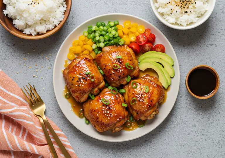 Final presentation of Hawaiian Shoyu Chicken with glaze over succulent chicken thighs, vibrant vegetables, and side of rice, appealing for delicious presentation.