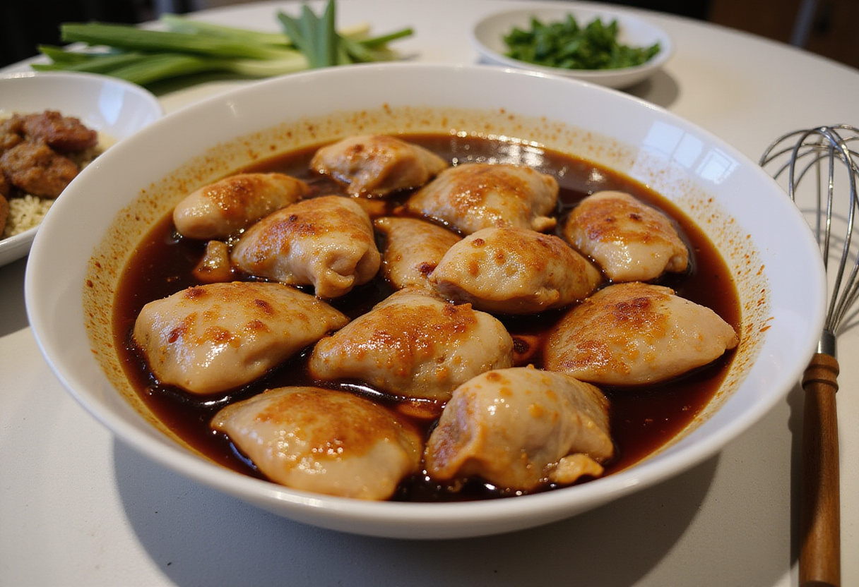 Hawaiian Shoyu Chicken marinade with soy sauce and garlic in a large bowl, showcasing vibrant ingredients for marinating chicken thighs.