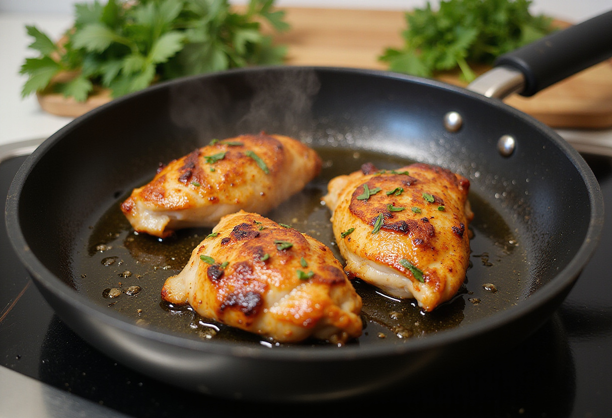 Searing marinated chicken thighs in a frying pan for Hawaiian Shoyu Chicken, creating a delicious golden-brown crust and aromatic flavors.