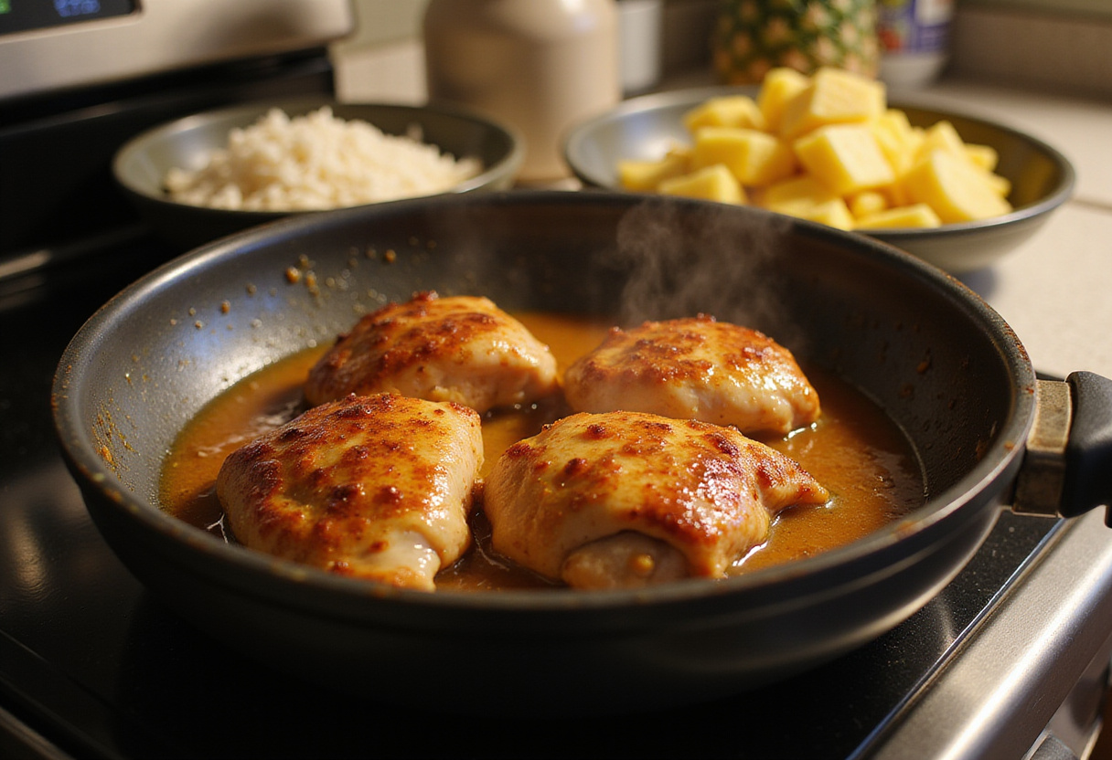 Cooking Hawaiian Shoyu Chicken by adding seared chicken thighs to a bubbling marinade, surrounded by rice and fresh pineapple slices.