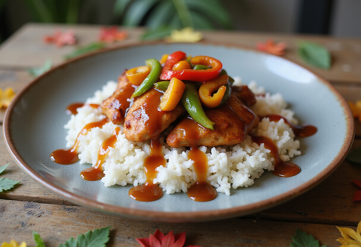 Serving Hawaiian Shoyu Chicken with steamed rice, bell peppers, and fresh garnishes on a rustic wooden table, creating a vibrant tropical dining experience.