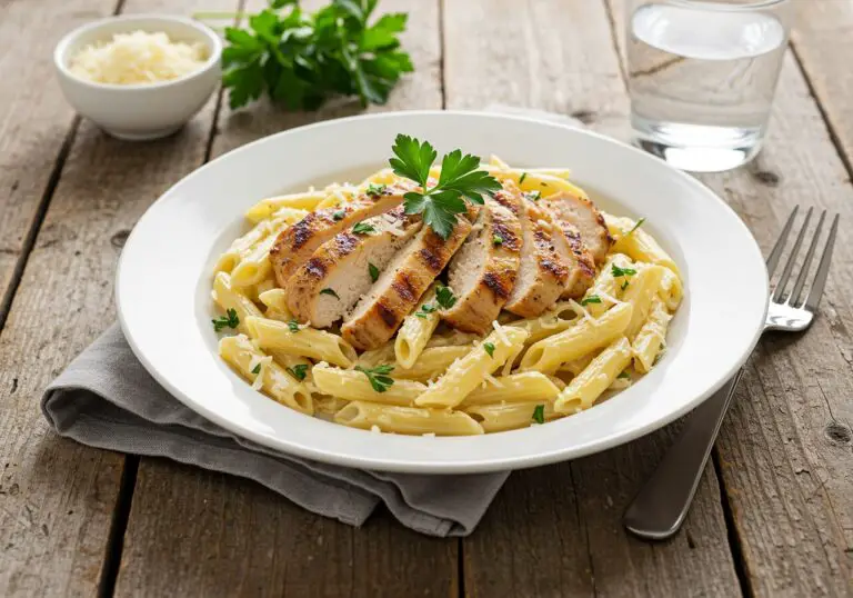 Serving of high protein grilled chicken alfredo pasta, showcasing its creamy texture and protein-rich ingredients.