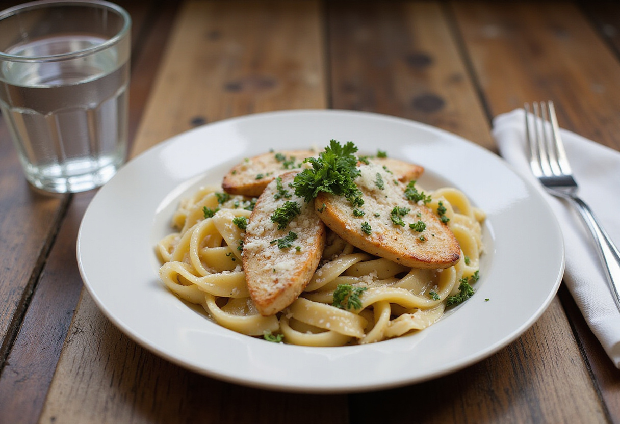 Serving of high protein grilled chicken alfredo pasta, showcasing its creamy texture and protein-rich ingredients.
