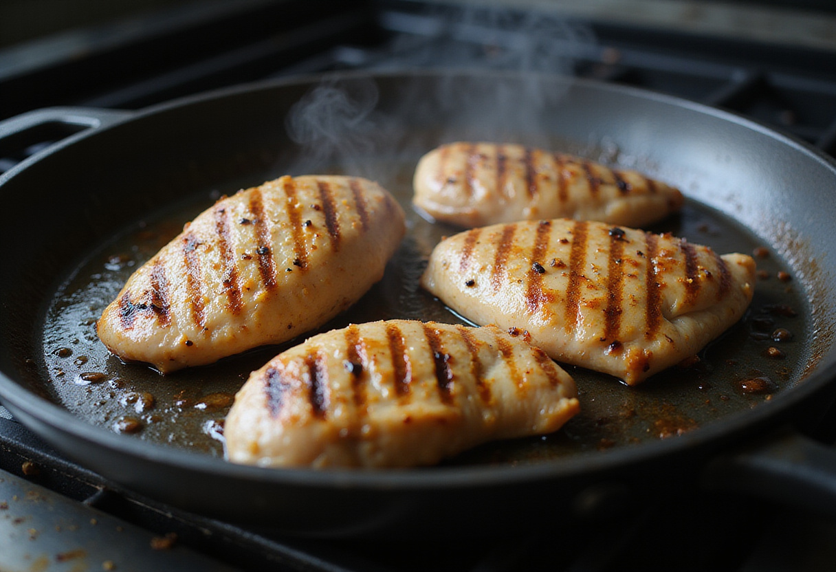 Grilled chicken in a pan, part of the preparation for high protein grilled chicken alfredo pasta.