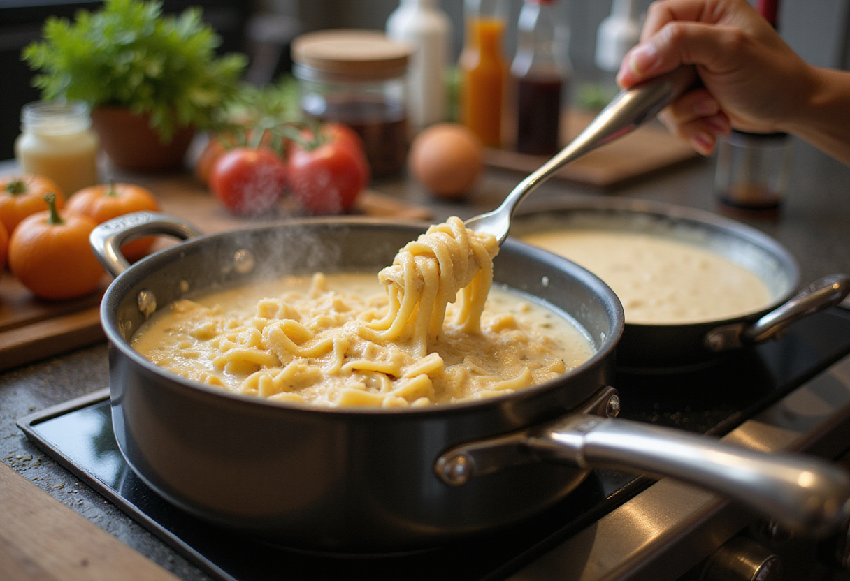 Cooking pasta and alfredo sauce for the high protein grilled chicken alfredo pasta recipe, highlighting the creamy texture.