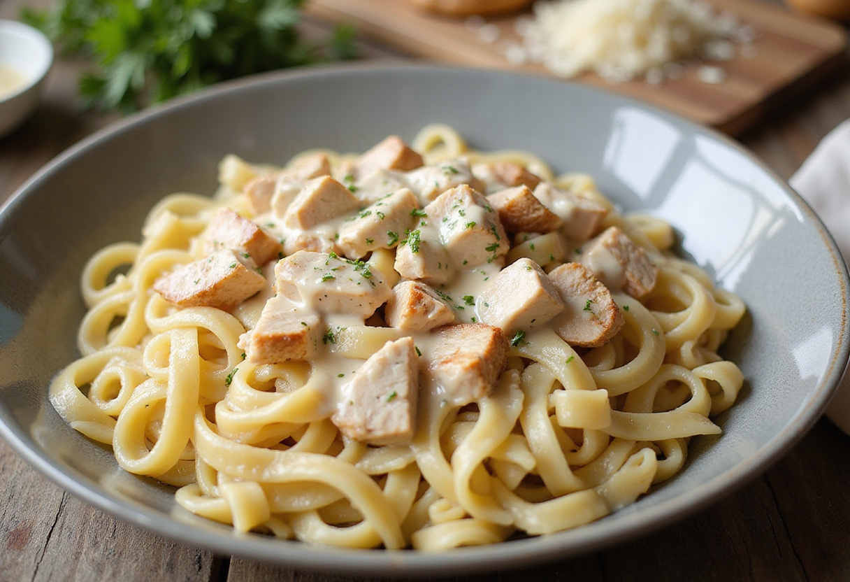 Mixing high protein grilled chicken and pasta with creamy alfredo sauce for a wholesome meal.