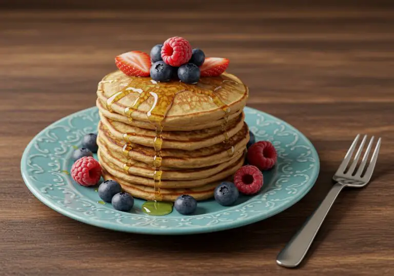 Delicious high-protein pancakes served with fresh berries and honey. A nutritious and delightful breakfast dish.