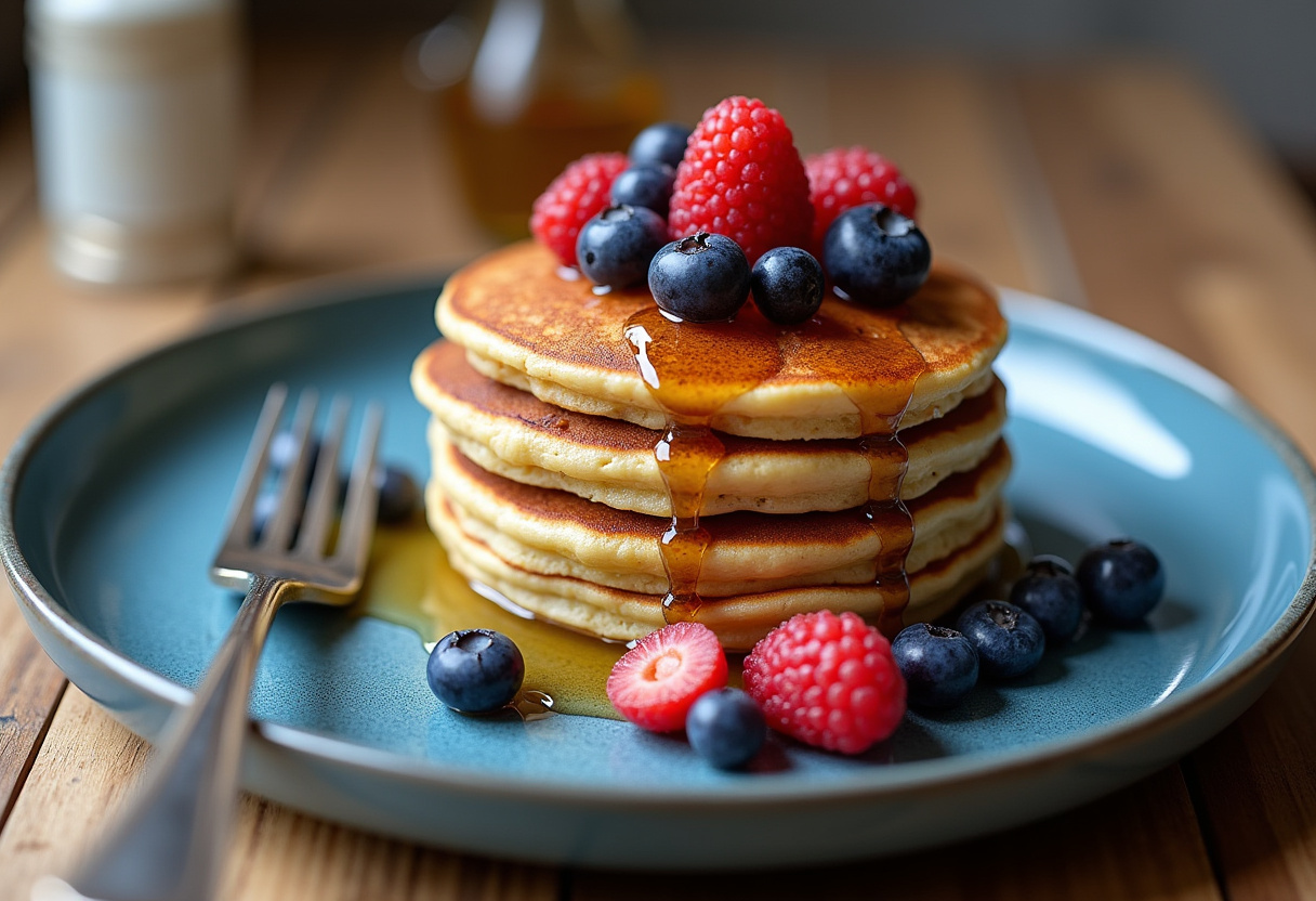 Delicious high-protein pancakes served with fresh berries and honey. A nutritious and delightful breakfast dish.