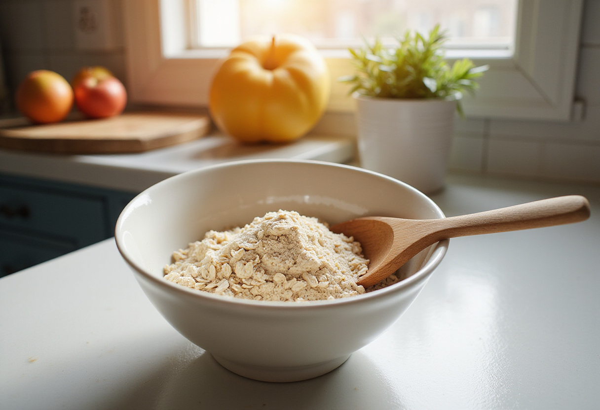High-protein pancake ingredients including oats and protein powder being mixed in a bowl. Perfect for a healthy breakfast.