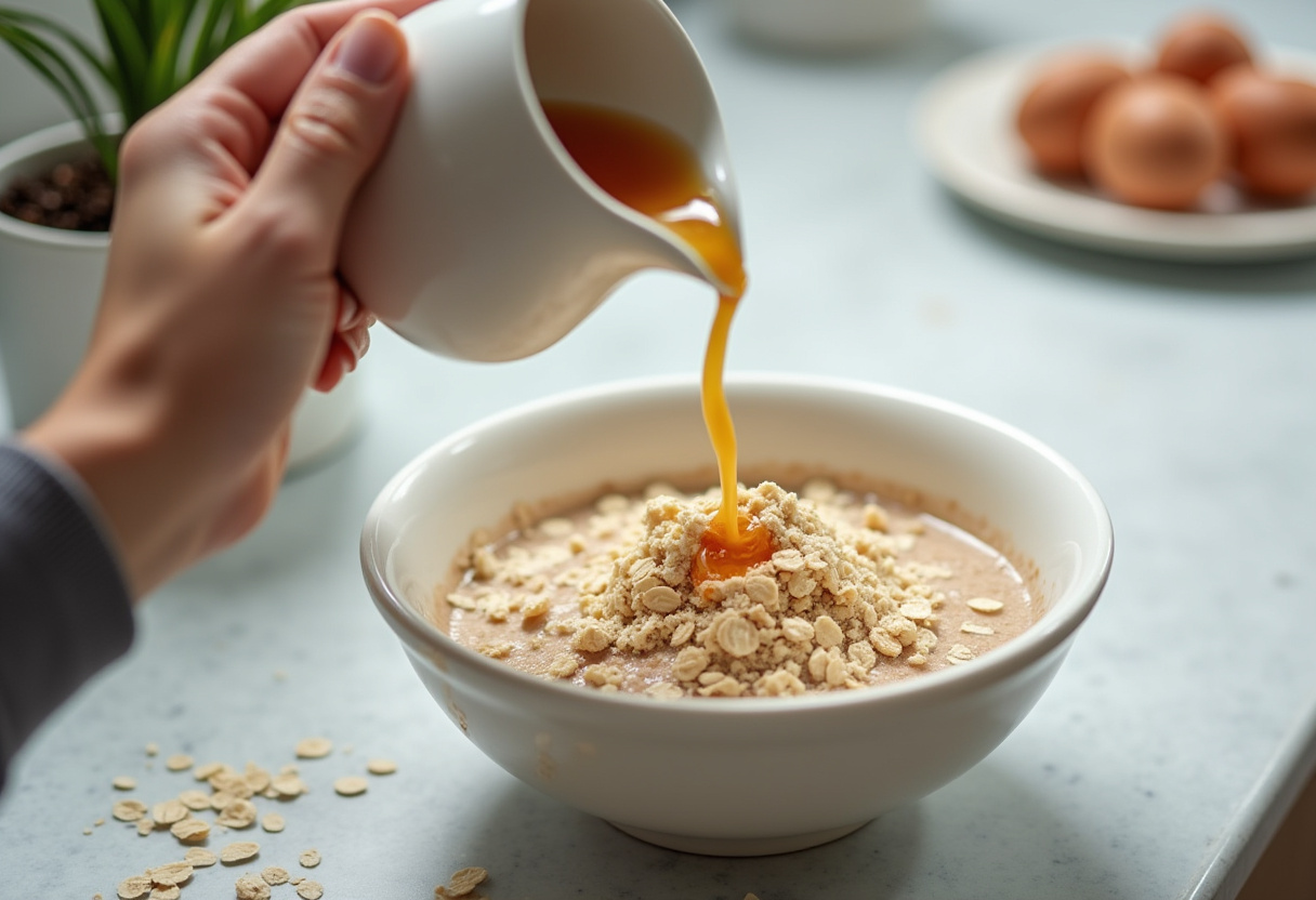 Pouring milk and vanilla extract into a bowl for high-protein pancake batter. Easy and nutritious pancake preparation.