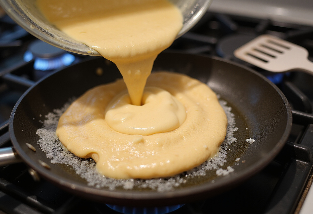 Pouring high-protein pancake batter into a skillet for cooking, with bubbles forming, indicating readiness to flip. Ideal for a filling meal.