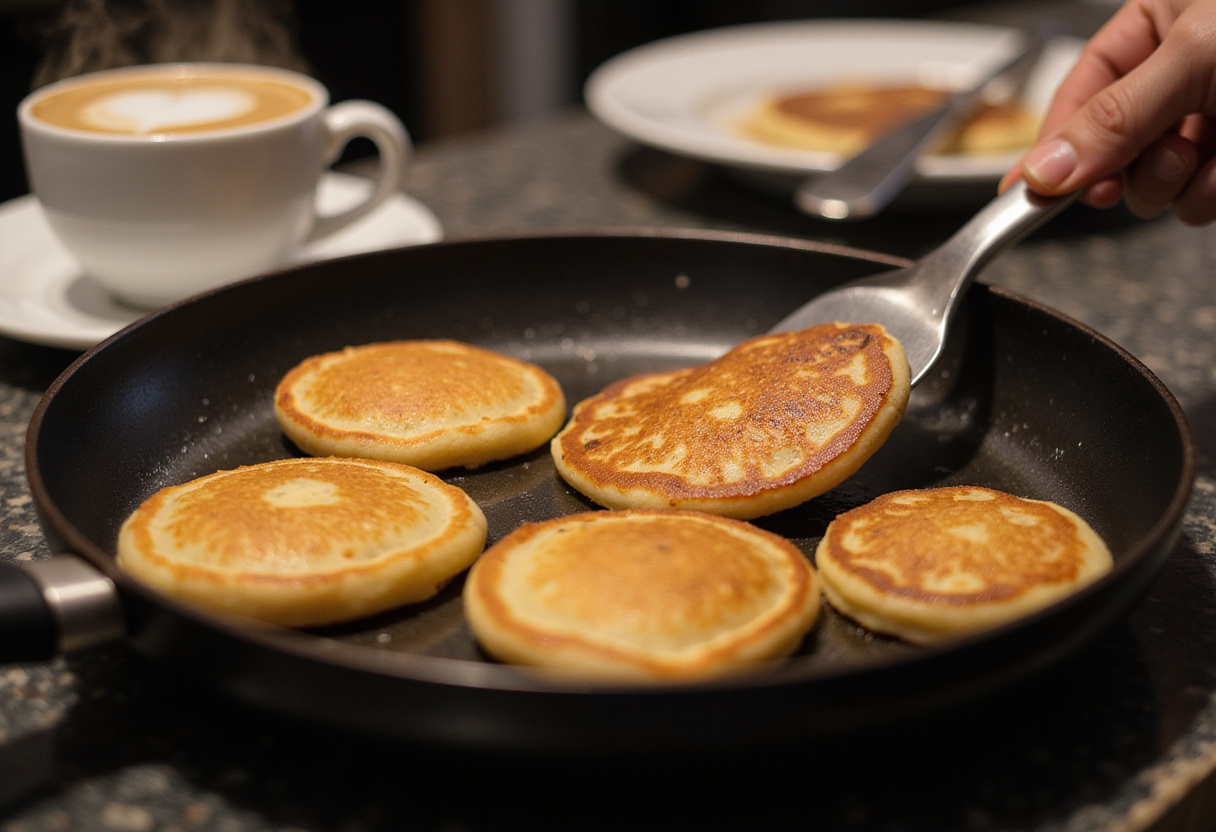 Flipping golden high-protein pancakes in a skillet, with a coffee cup beside for a breakfast setting. Delicious and fulfilling breakfast idea.