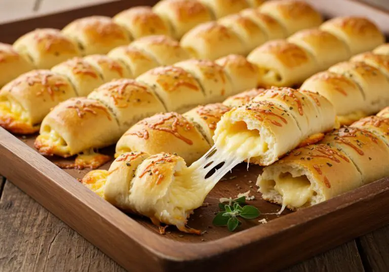 Freshly baked Homemade Cheesy Breadsticks with melted cheese, showcasing a perfect texture and inviting aroma.