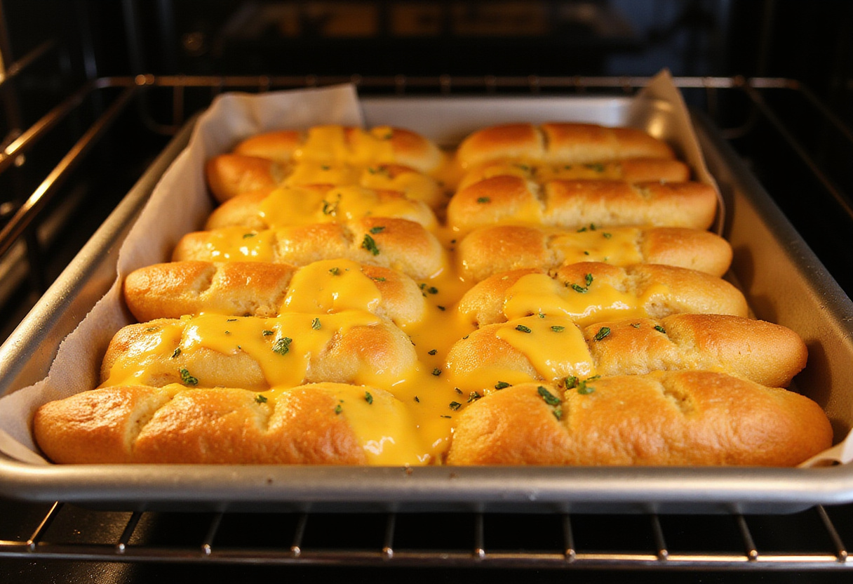 Freshly baked Homemade Cheesy Breadsticks with melted cheese, showcasing a perfect texture and inviting aroma.