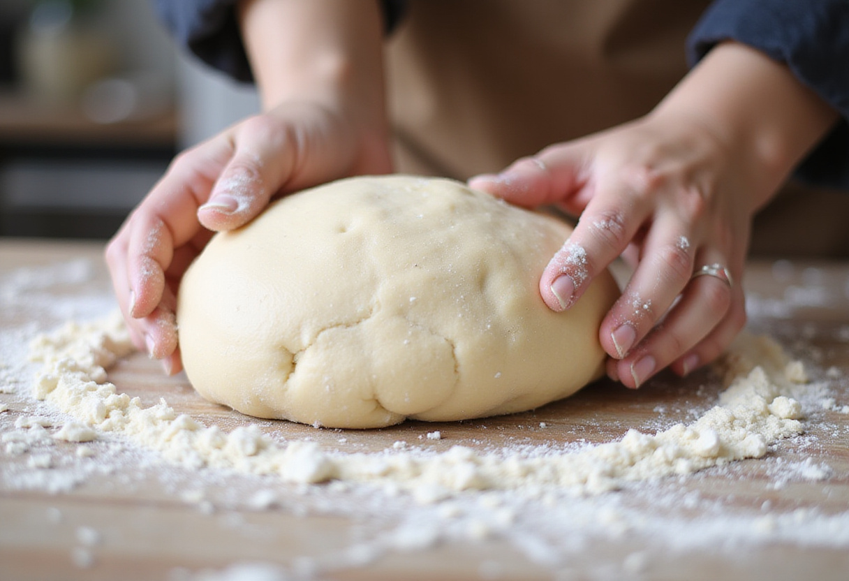 Kneading dough for Homemade Cheesy Breadsticks on a countertop, emphasizing its elasticity and perfect consistency.