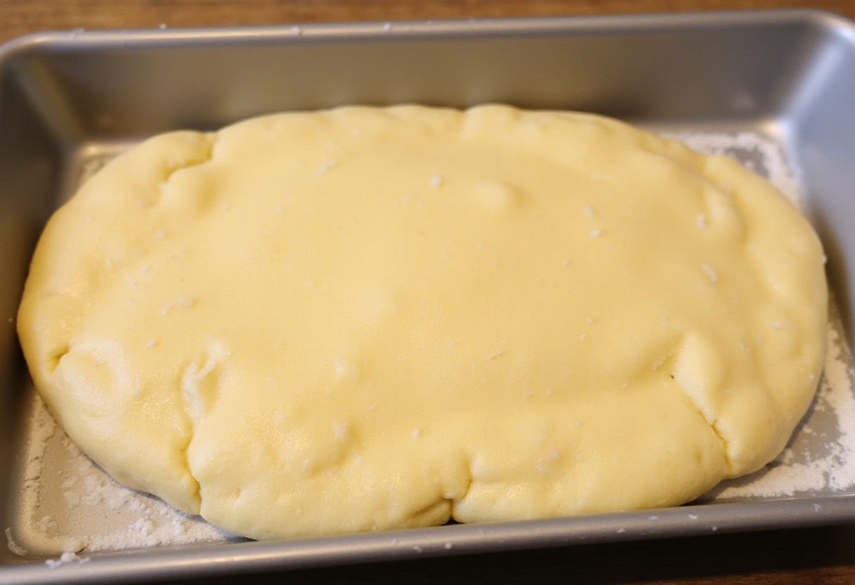 Homemade Cheesy Breadsticks dough spread in a baking pan, highlighting the prepping stage for cheese topping.
