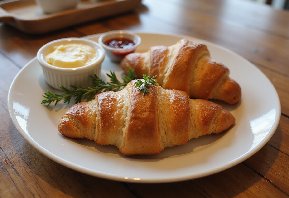 Deliciously baked homemade flaky croissants served on a plate with butter and jam, perfect for breakfast.