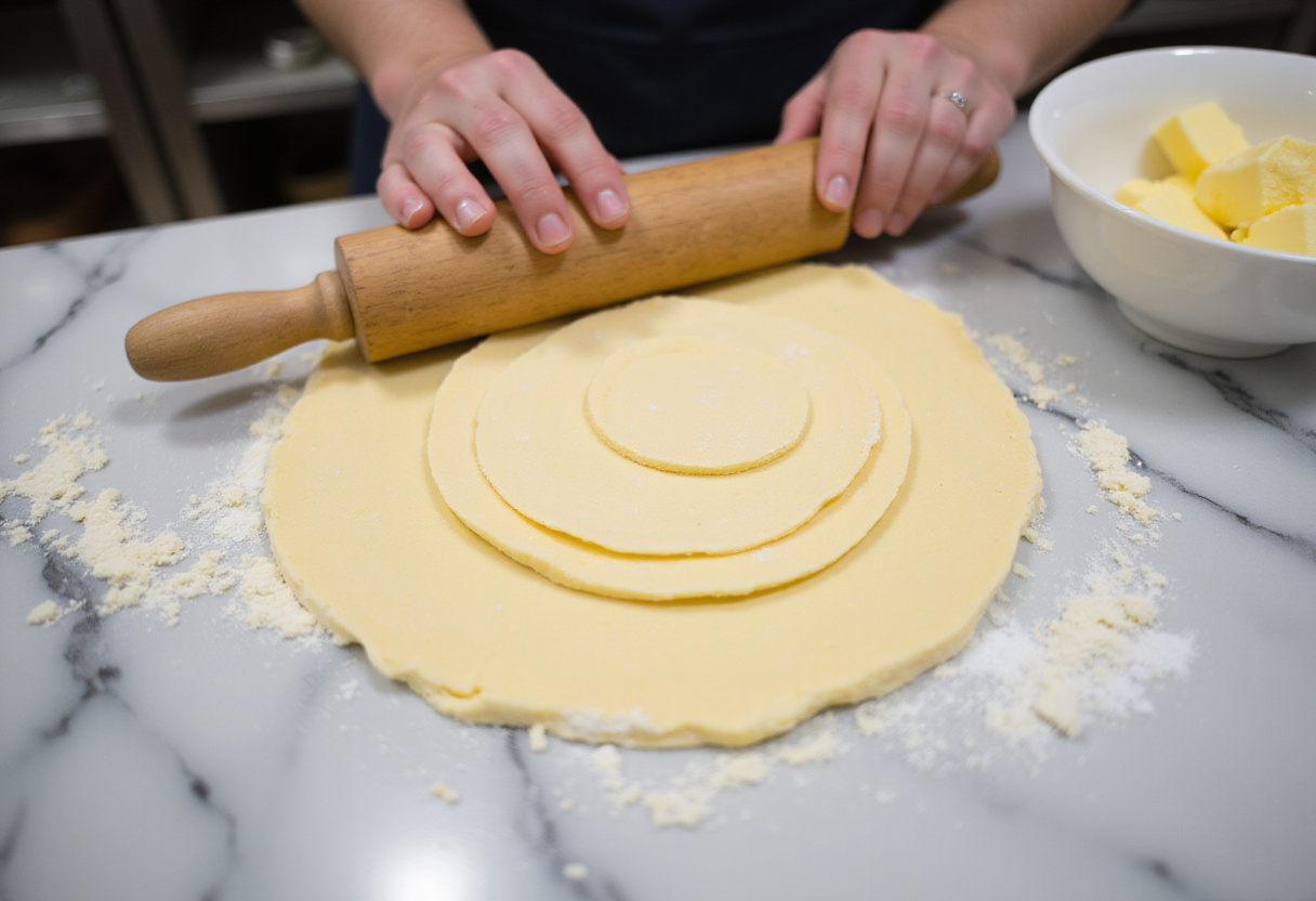 Homemade flaky croissants dough preparation with a chef rolling buttery pastry dough for perfect layers.