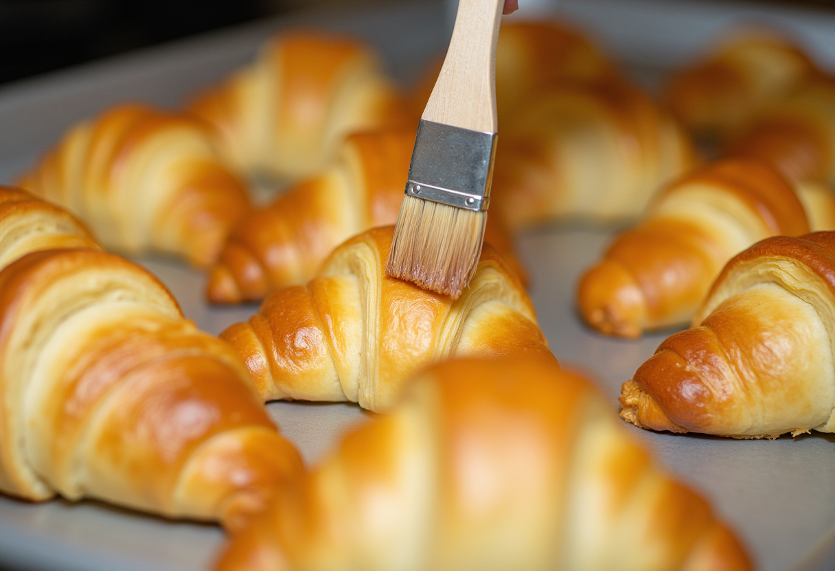 Egg wash application on croissant dough triangles on a baking sheet, preparing for baking homemade flaky croissants.