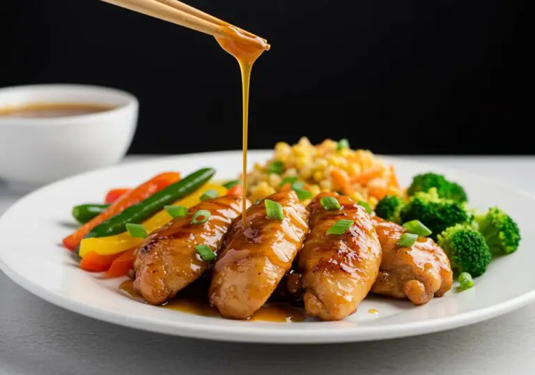 Honey Garlic Chicken Recipe final presentation of glossy caramelized chicken on a plate with vibrant vegetable sides.