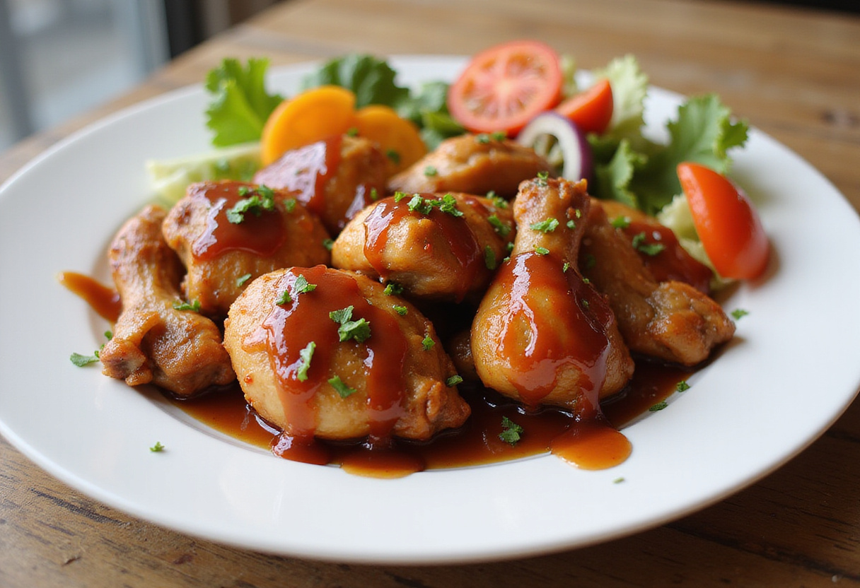 Honey Garlic Chicken Recipe final presentation of glossy caramelized chicken on a plate with vibrant vegetable sides.
