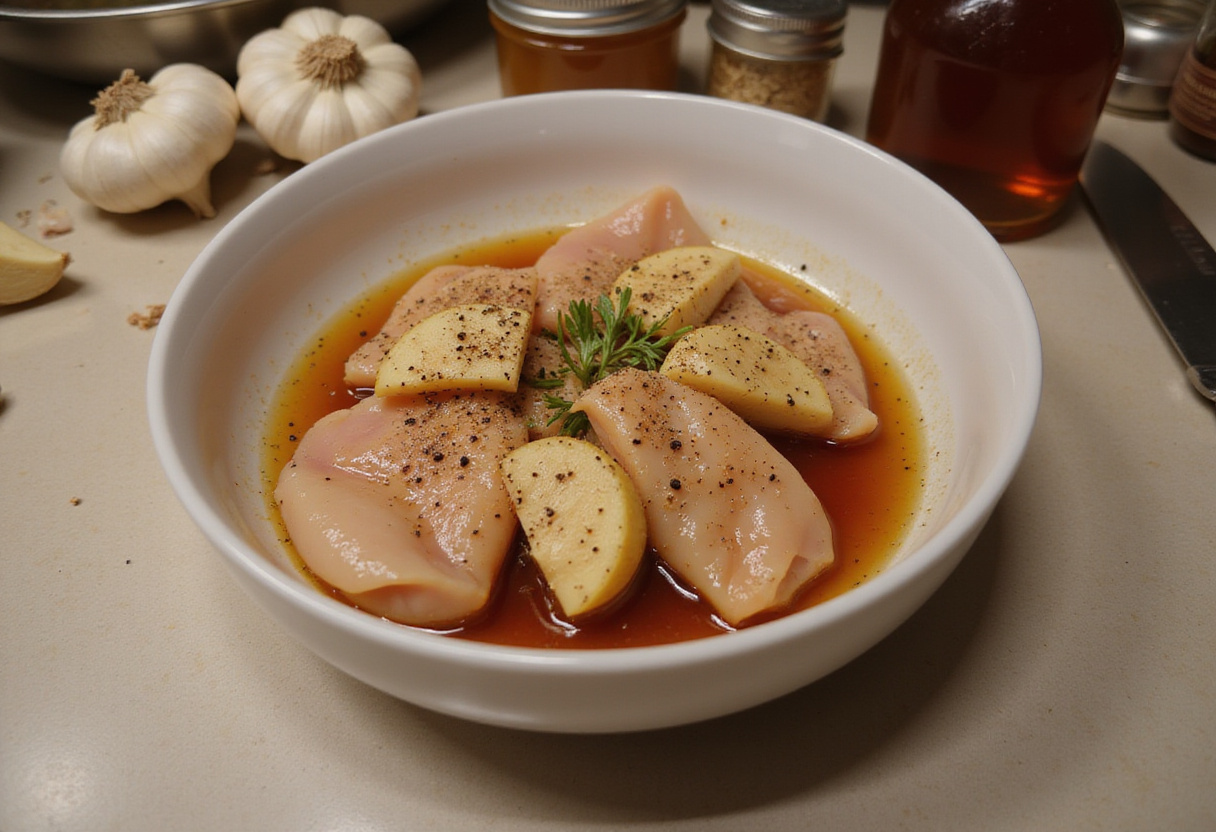 Honey Garlic Chicken Recipe marinated chicken pieces with garlic and honey in a bowl on a kitchen counter.