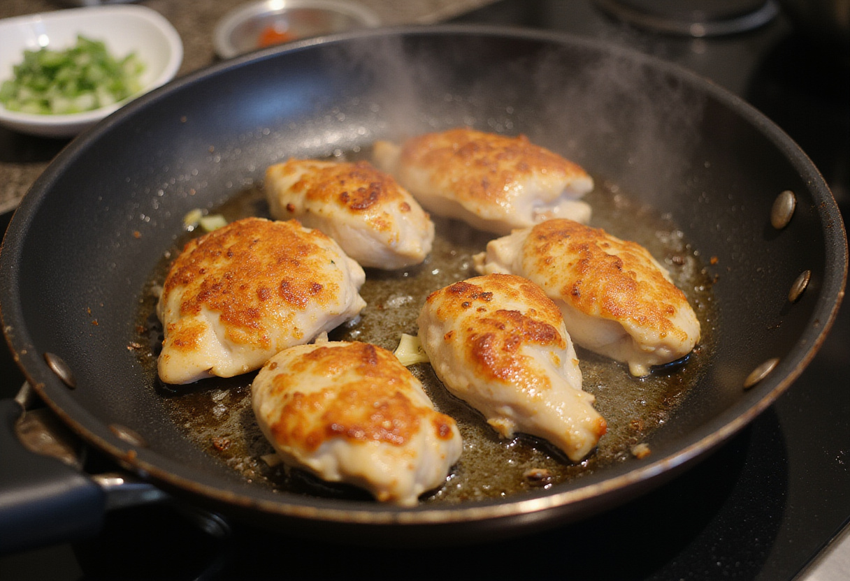 Honey Garlic Chicken Recipe cooking chicken in a frying pan, golden-brown and sizzling with garlic.