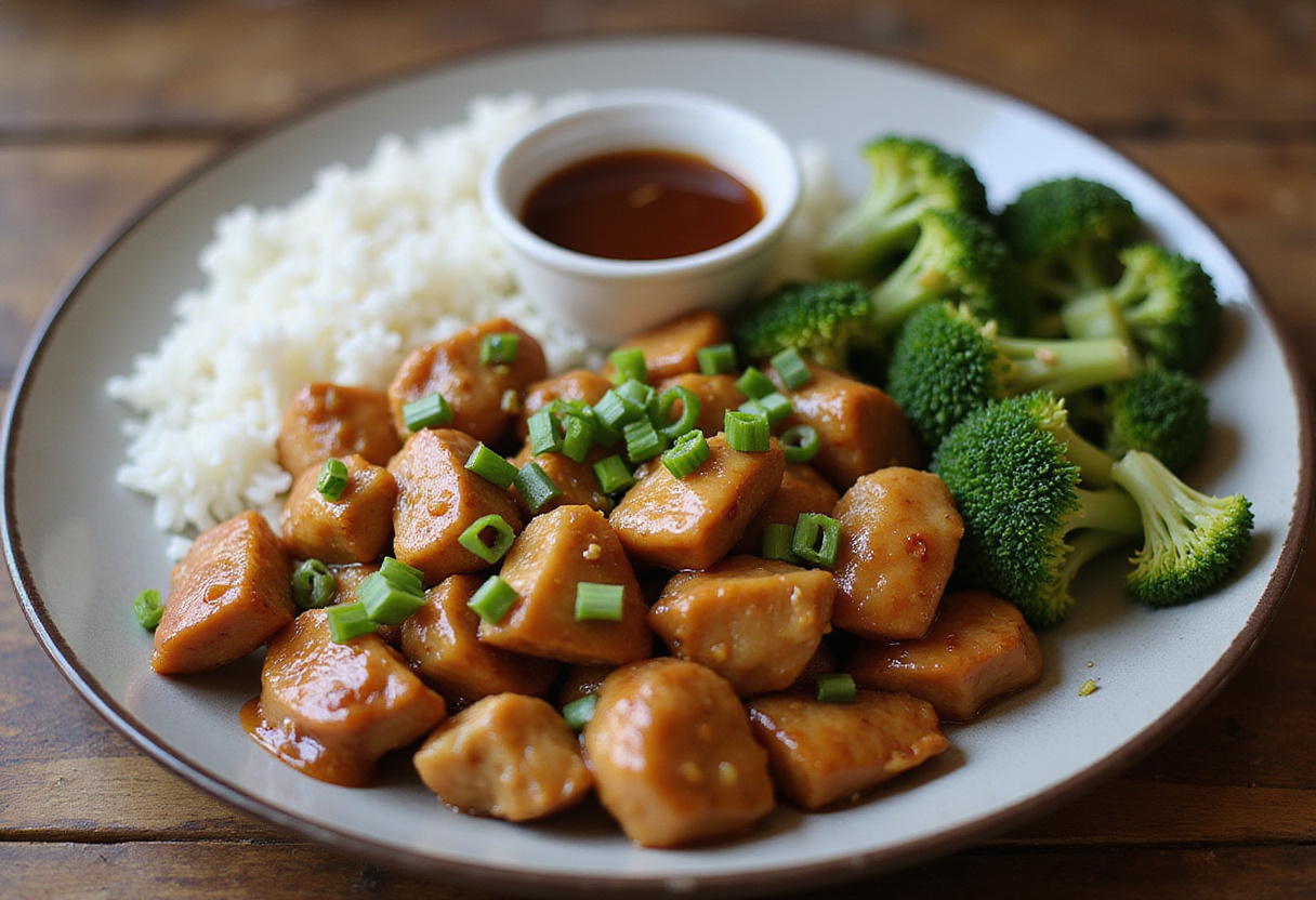 Honey Garlic Chicken Recipe beautifully presented on a plate with rice and broccoli, garnished with green onions.
