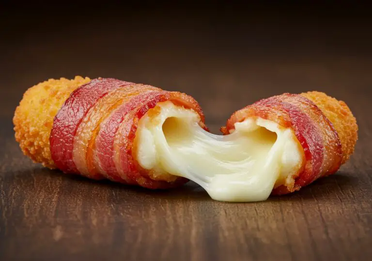 Delicious Hot Bacon Wrapped Mozzarella Sticks with gooey cheese, perfect for serving as an appetizer.